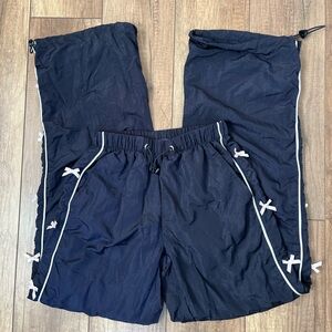 Navy Blue Windbreaker Track Pants with White Bow Accents